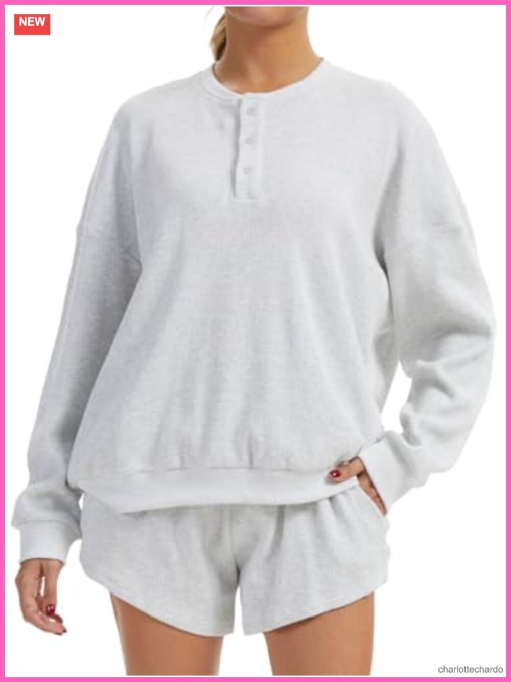 2-Piece Waffle Knit Lounge Short Set, Oversized Henley Sweatshirt, Women's